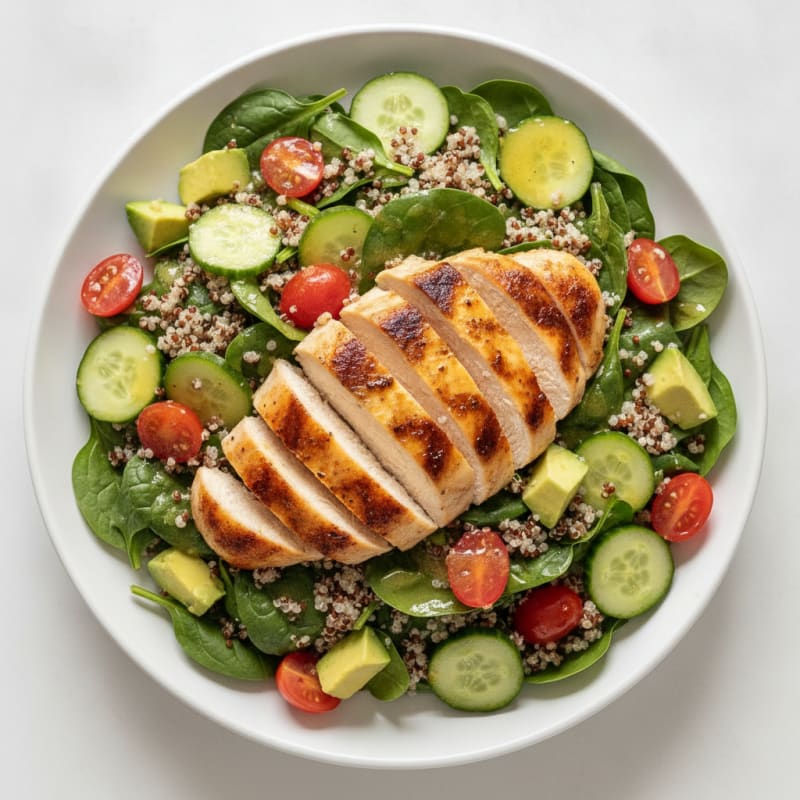 Grilled Chicken Spinach Salad with Quinoa and Lemon Vinaigrette