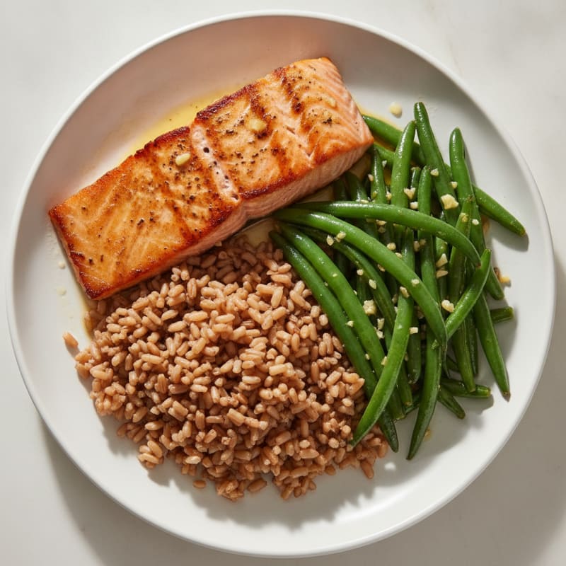 Seared Salmon with Garlic Green Beans and Brown Rice