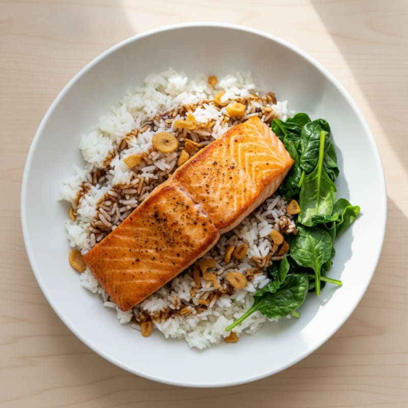 Pan-Seared Salmon with Garlic Rice