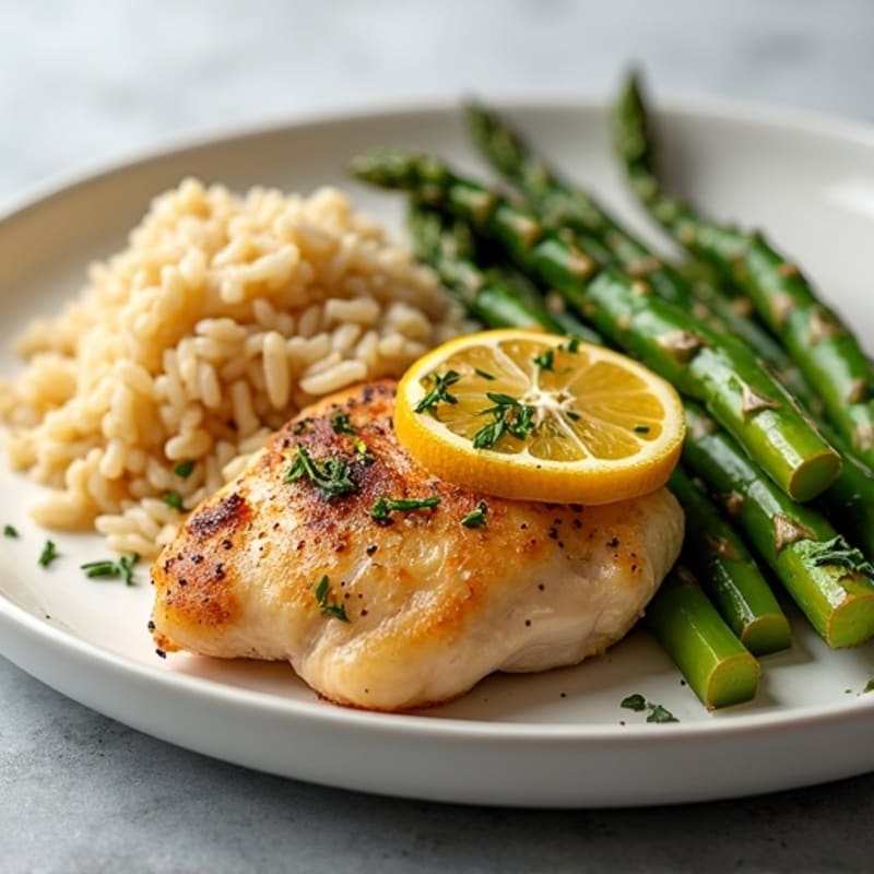 Lemon Herb Roasted Chicken with Crispy Roasted Asparagus and Fluffy Brown Rice