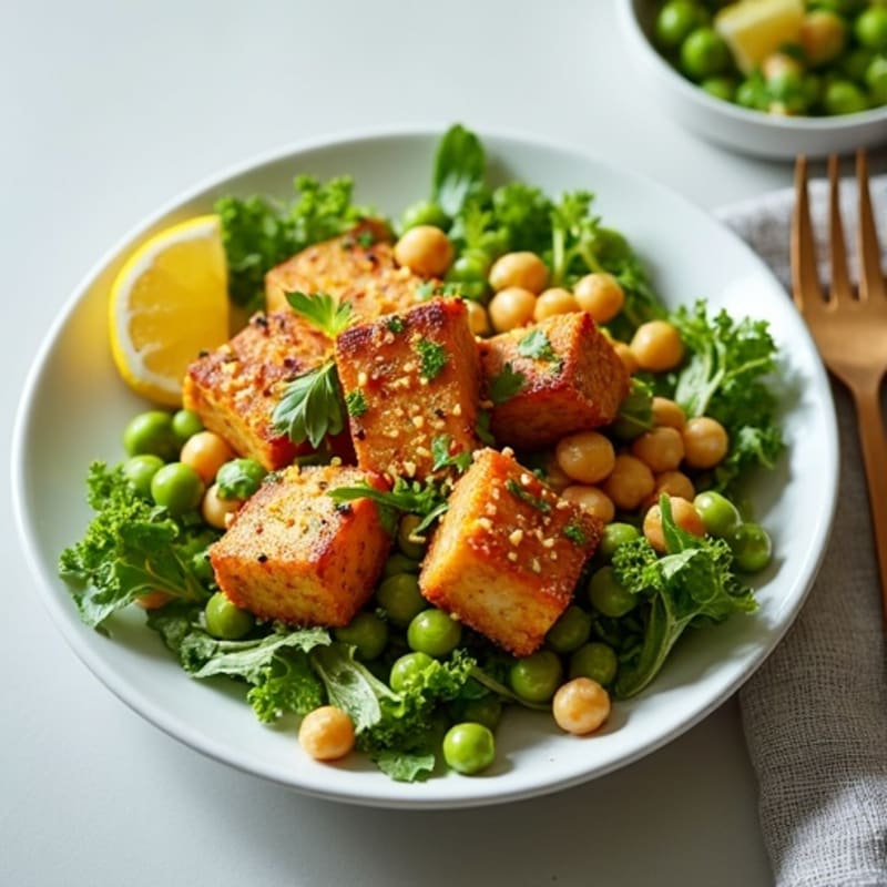 Crispy Tofu and Roasted Chickpea Salad with Edamame, Fresh Greens, and Lemon Vinaigrette