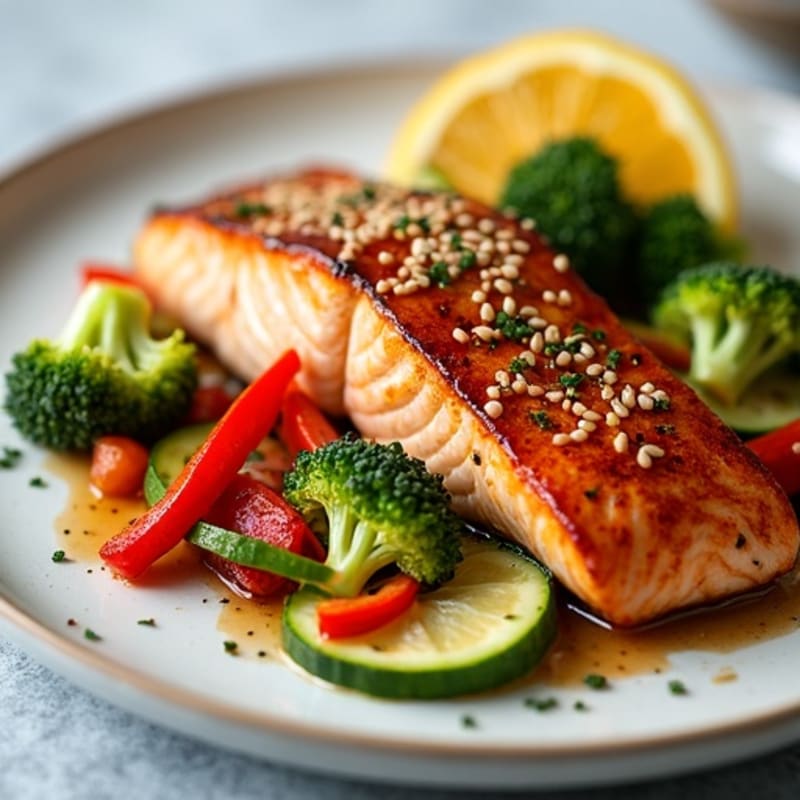 Ginger-Sesame Glazed Salmon with Crispy Vegetables