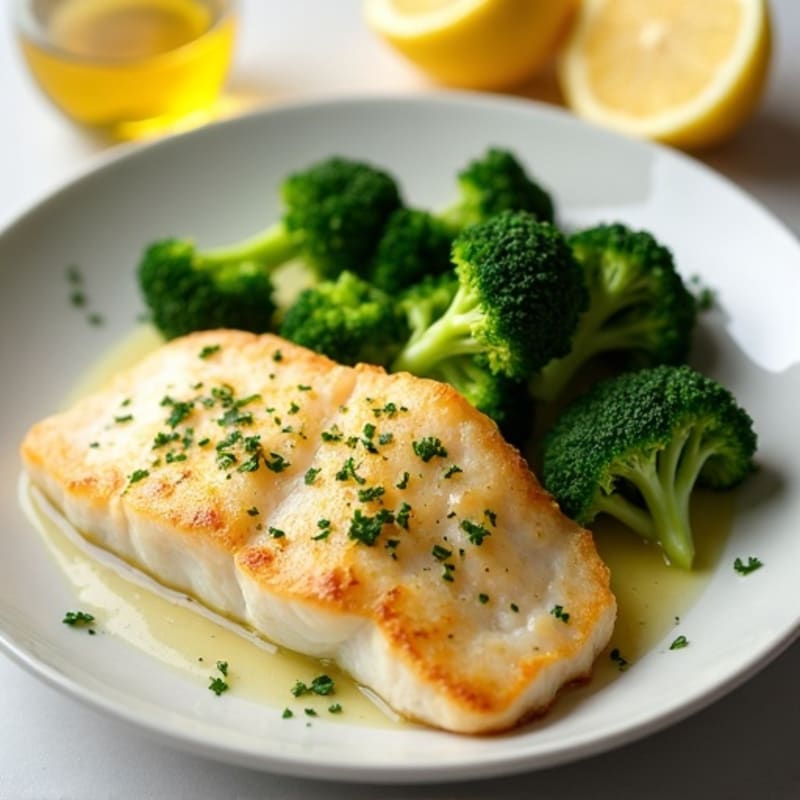 Seared Cod Fillet with Steamed Broccoli and Lemon