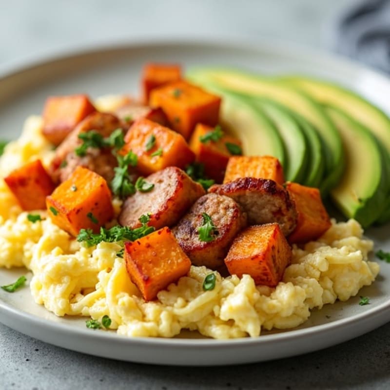 Egg White and Turkey Sausage Scramble with Roasted Sweet Potato