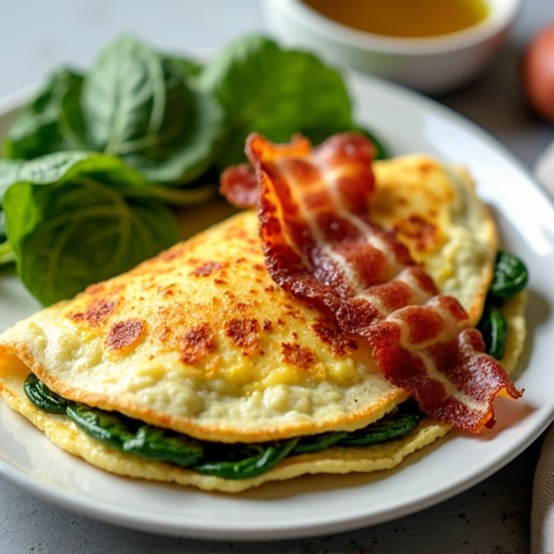 Crispy Turkey Bacon and Spinach Egg White Omelette with Roasted Sweet Potatoes