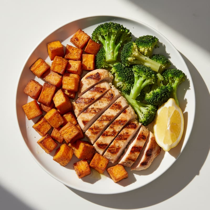 Grilled Chicken Breast with Roasted Sweet Potato and Steamed Broccoli