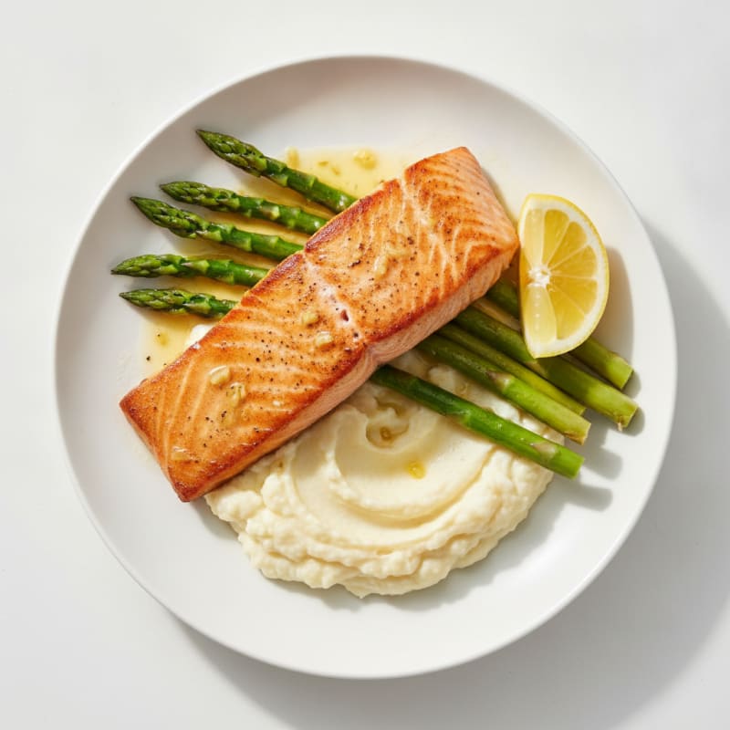 Seared Salmon with Steamed Asparagus and Cauliflower Mash