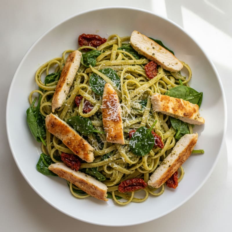 Pesto Chicken Linguine with Sun-Dried Tomatoes