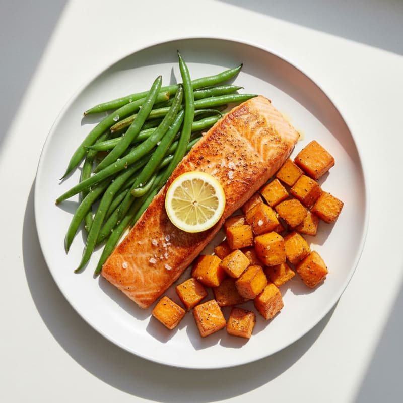 Seared Salmon with Roasted Sweet Potatoes and Green Beans