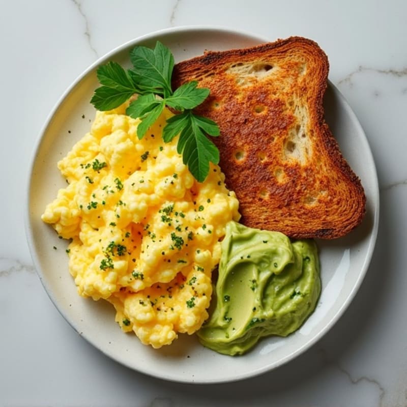 Fresh Herb Scrambled Eggs with Creamy Avocado and Crispy Rye Toast