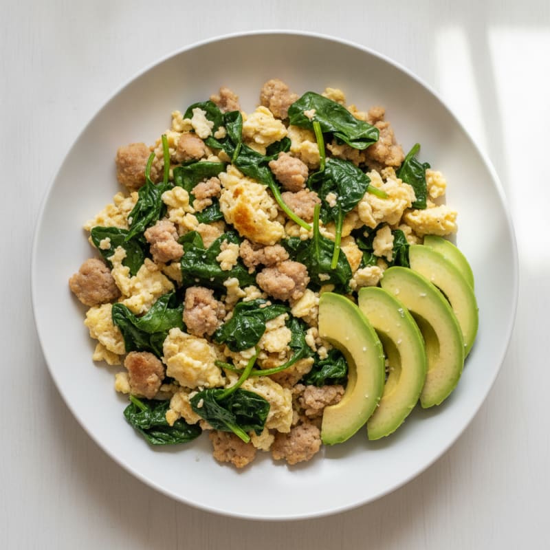Egg White and Turkey Sausage Scramble with Sautéed Spinach