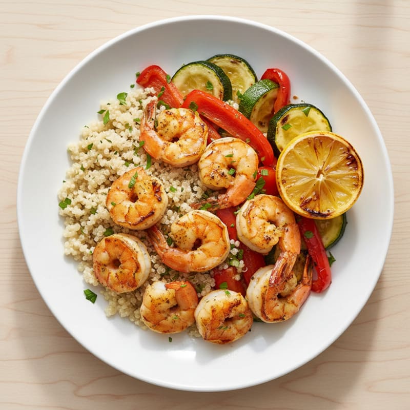 Grilled Shrimp Quinoa Bowl with Roasted Vegetables