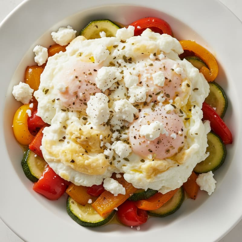 Scrambled Eggs with Roasted Vegetables and Feta