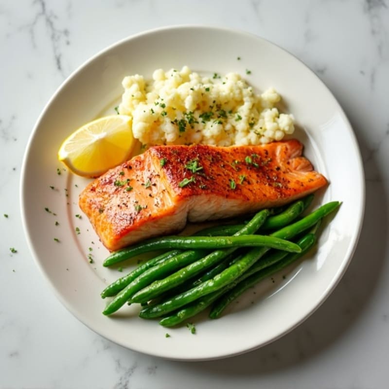 Seared Salmon with Garlic Green Beans and Cauliflower Mash