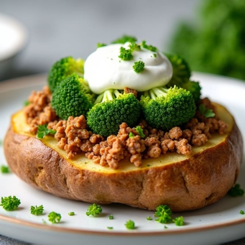 Crispy Baked Potato with Lean Ground Turkey, Broccoli, and Creamy Greek Yogurt