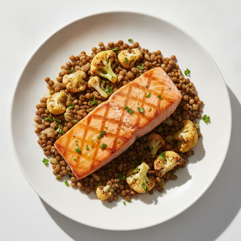 Seared Salmon with Roasted Cauliflower and Lentil Salad