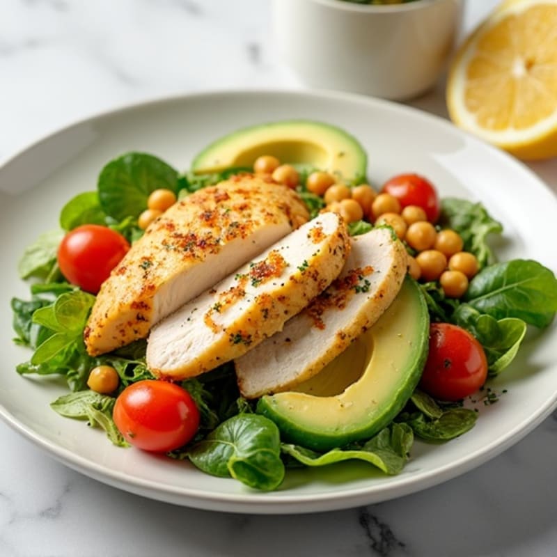 Lemon Herb Roasted Chicken Salad with Crispy Chickpeas and Creamy Avocado