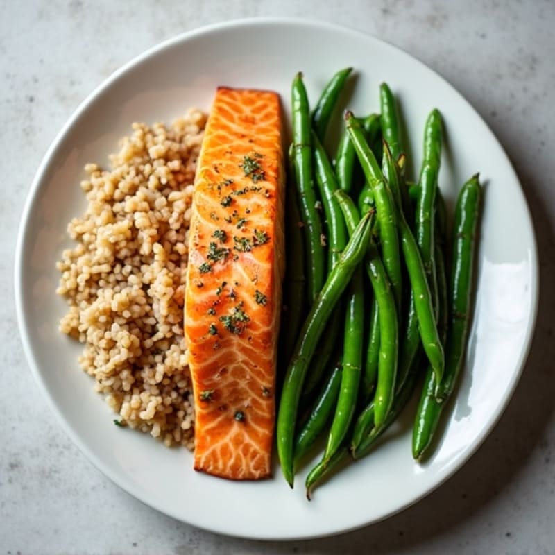 Seared Salmon with Garlic Green Beans and Brown Rice