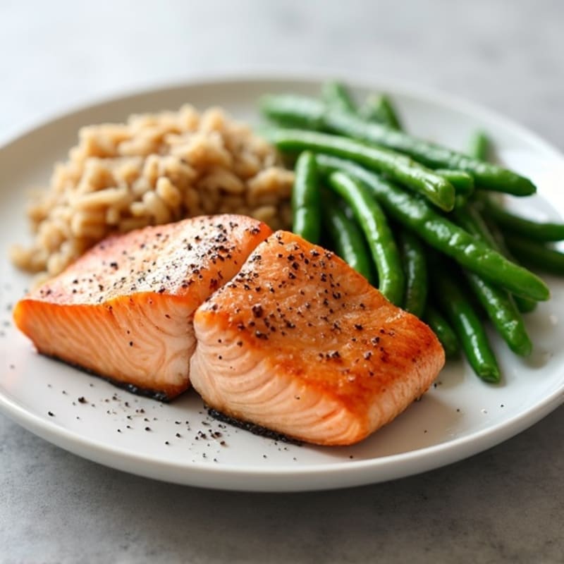 Seared Salmon with Steamed Green Beans and Brown Rice