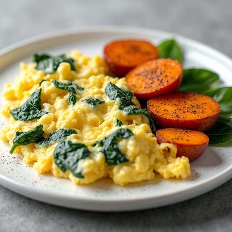 Creamy Scrambled Eggs with Fresh Spinach and Roasted Sweet Potatoes