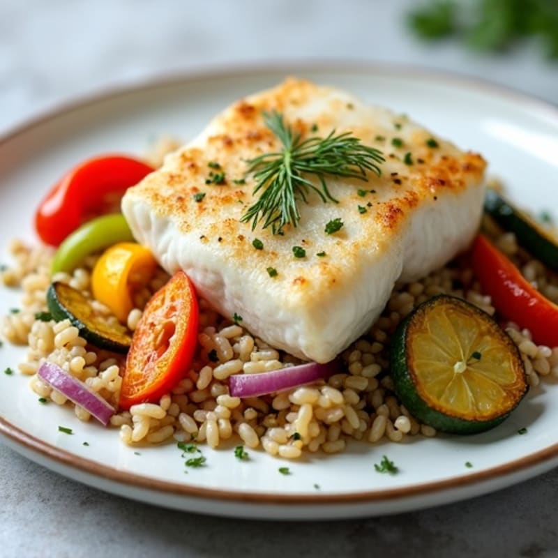 Seared White Fish with Herb Rice and Roasted Mixed Vegetables