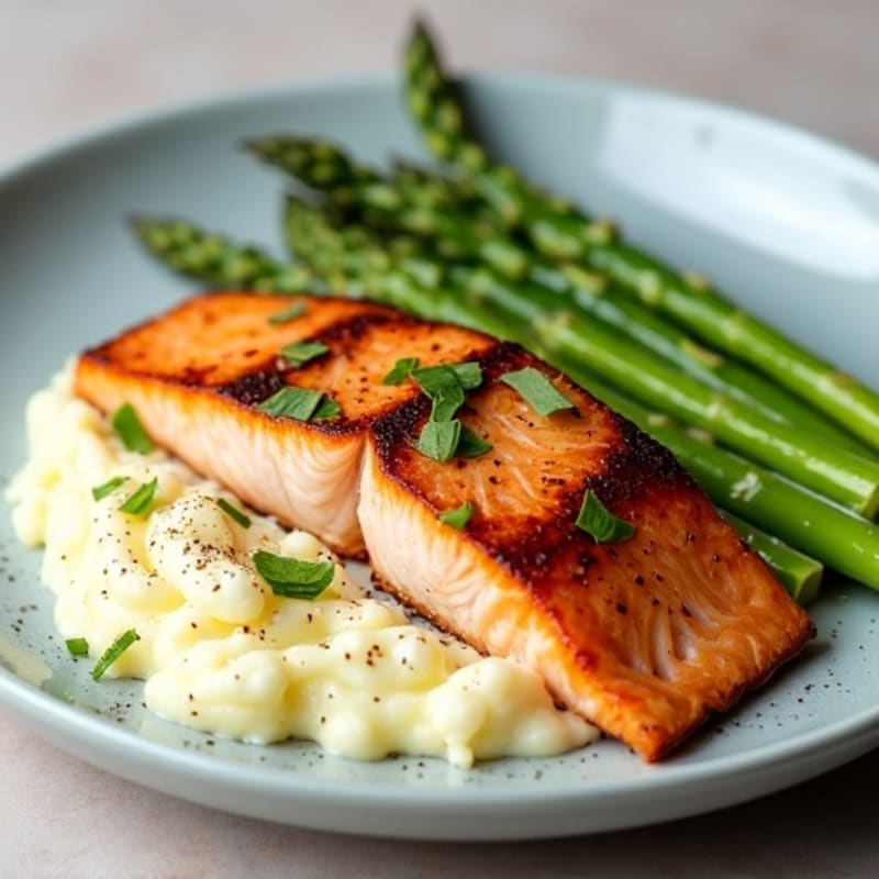 Seared Salmon Fillet with Steamed Asparagus and Cauliflower Mash