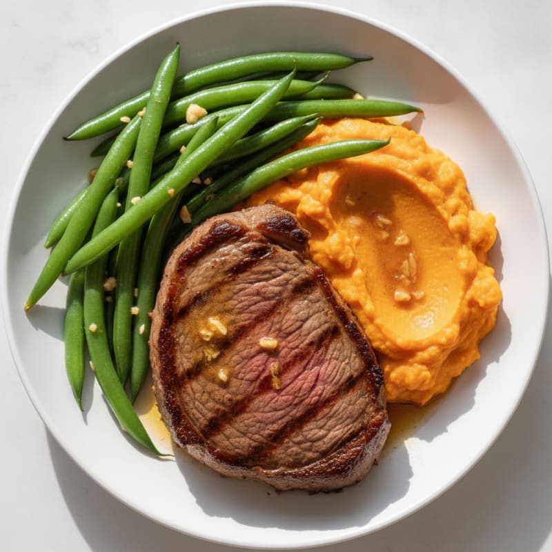 Seared Sirloin Steak with Steamed Green Beans and Sweet Potato Mash