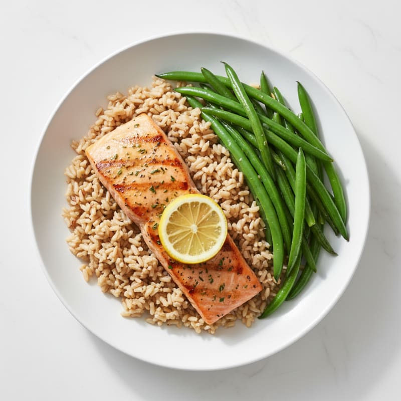 Grilled Salmon Fillet with Steamed Green Beans and Brown Rice