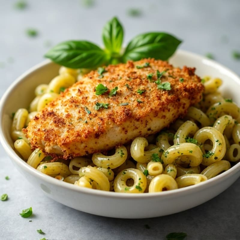 Panko-Crusted Chicken with Fresh Basil Pesto Whole Wheat Pasta