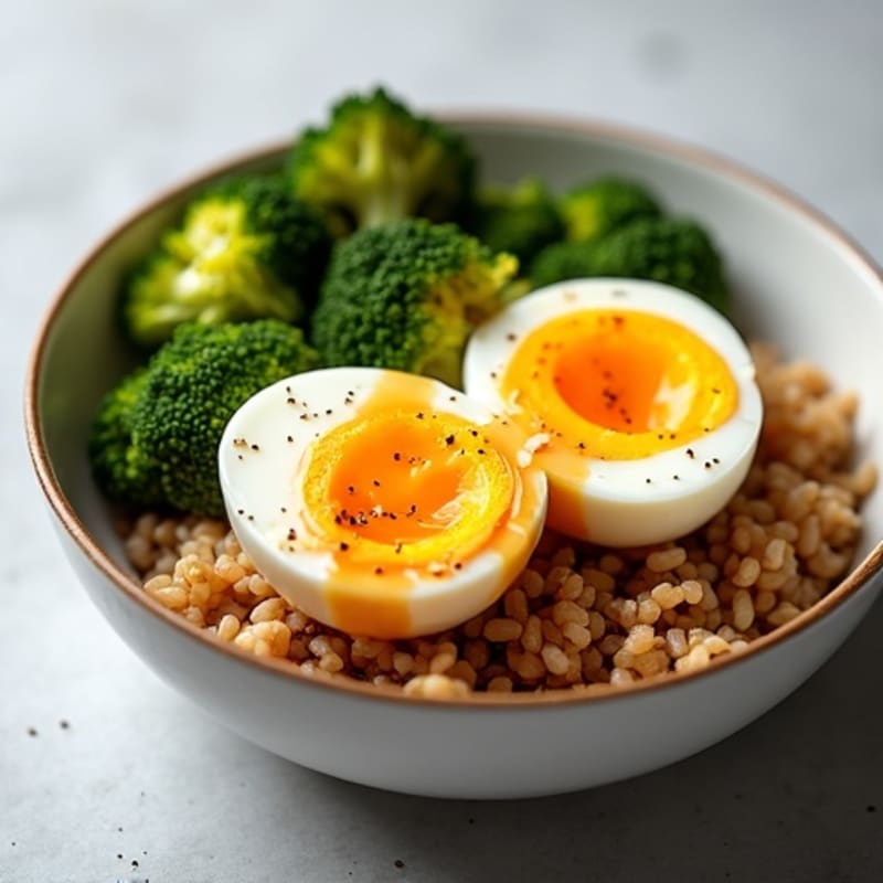 Teriyaki Soft-Boiled Eggs with Roasted Broccoli and Brown Rice
