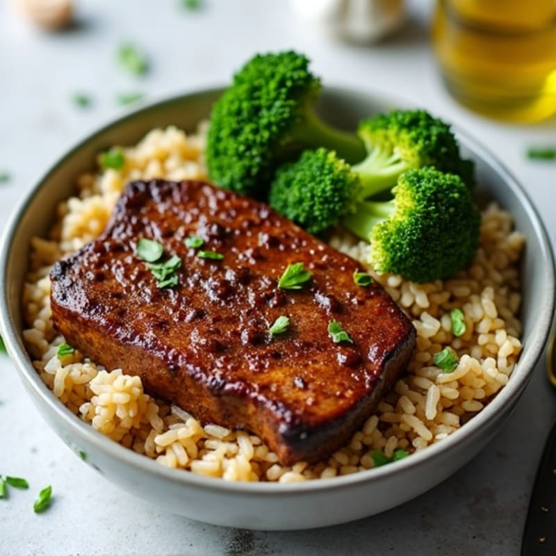 Seared Garlic Beef and Crispy Broccoli with Brown Rice