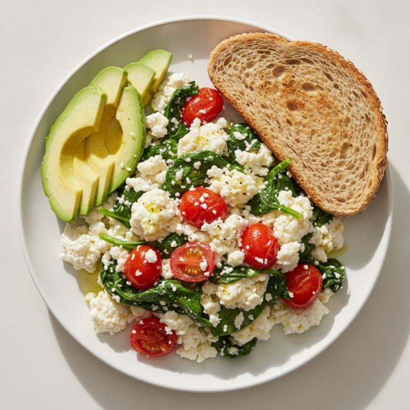 Cottage Cheese Egg White Scramble with Sautéed Spinach and Cherry Tomatoes