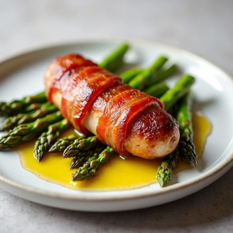 Crispy Turkey Bacon-Wrapped Chicken Sausage with Roasted Asparagus