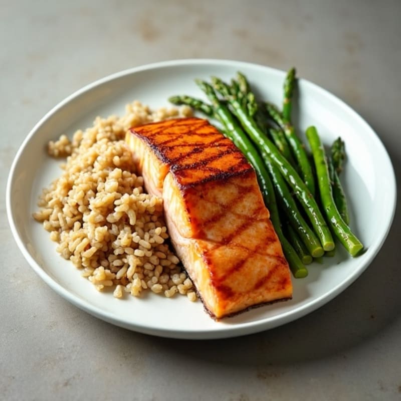 Seared Salmon with Steamed Asparagus and Brown Rice