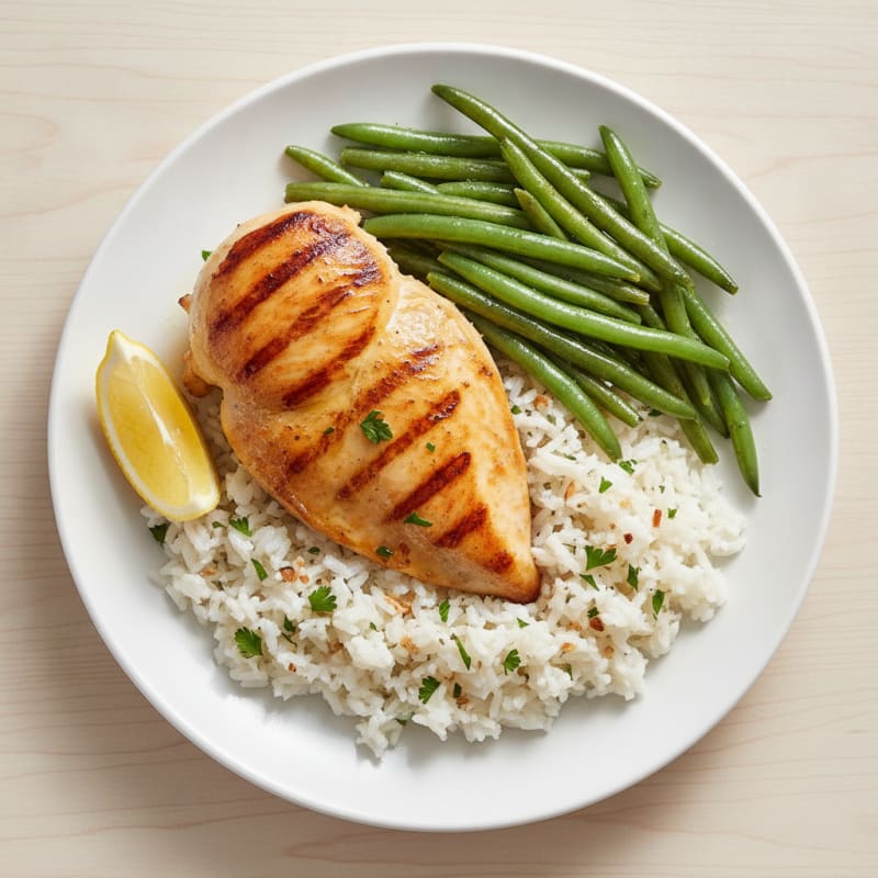 Seared Chicken Breast with Garlic Rice and Steamed Green Beans