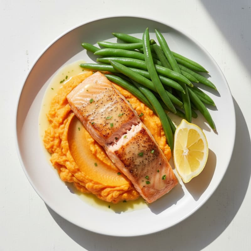 Seared Salmon Fillet with Steamed Green Beans and Sweet Potato Mash
