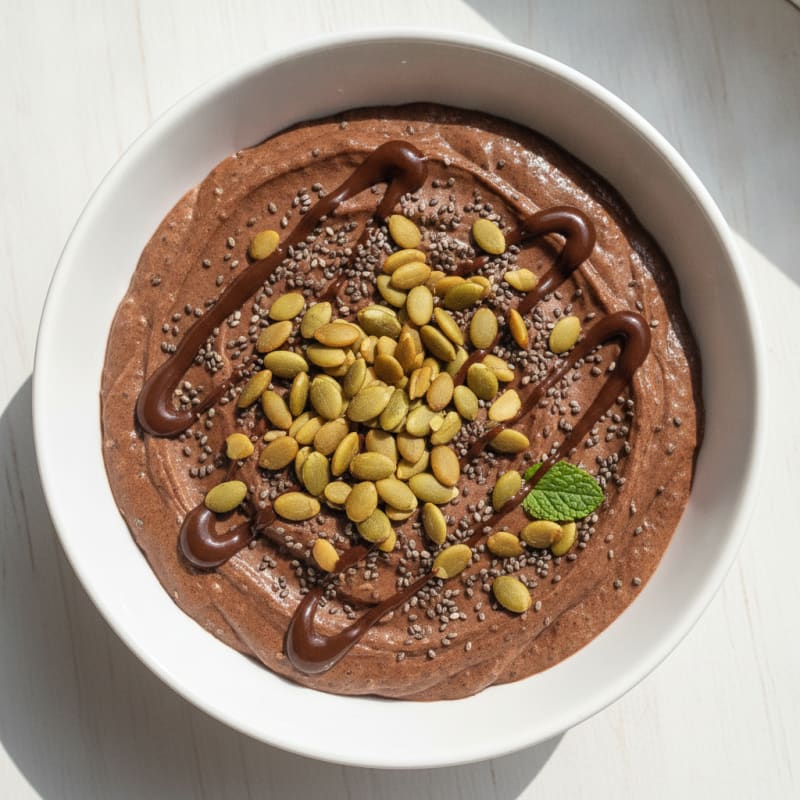 Creamy Chocolate Protein Pudding with Chia and Toasted Pumpkin Seeds