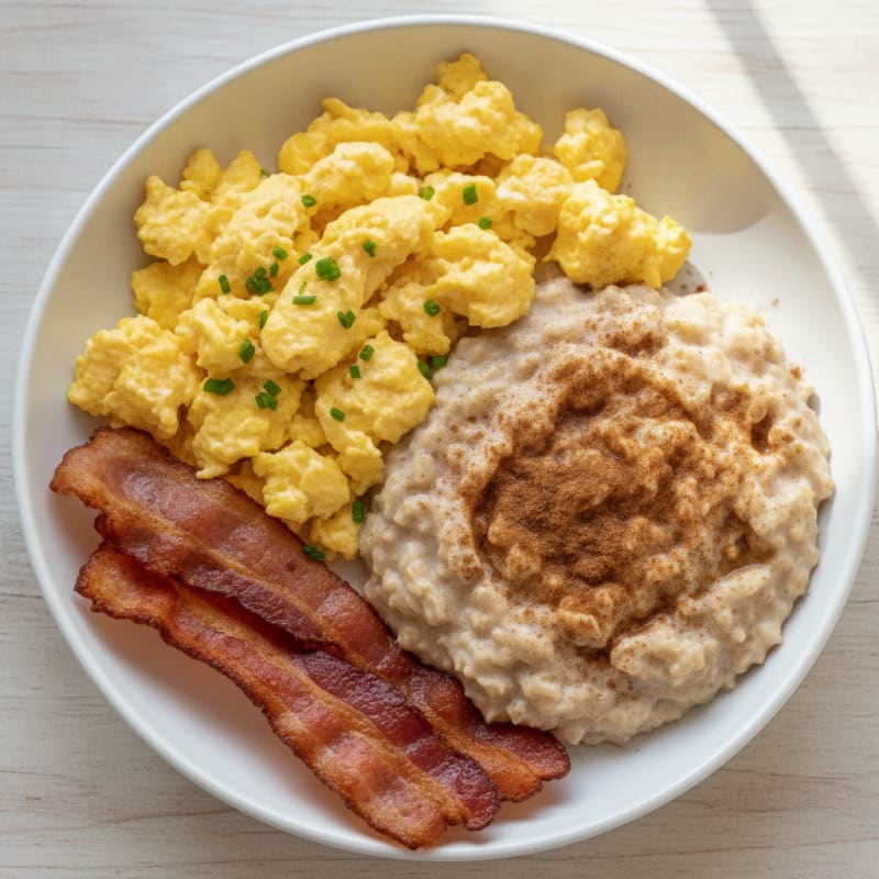 Scrambled Eggs with Turkey Bacon and Protein Oatmeal