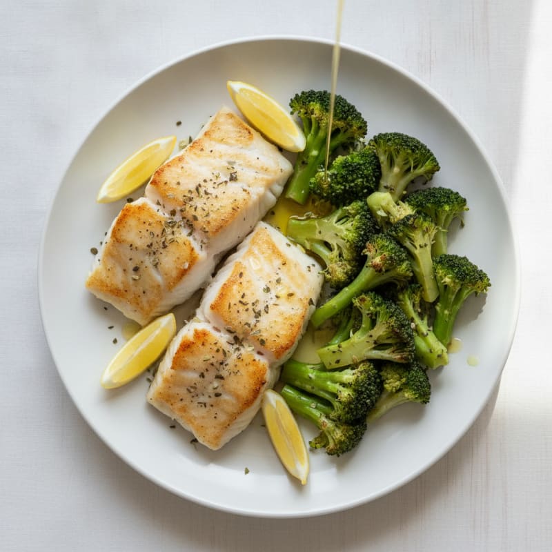 Baked Lemon Herb Cod with Steamed Broccoli