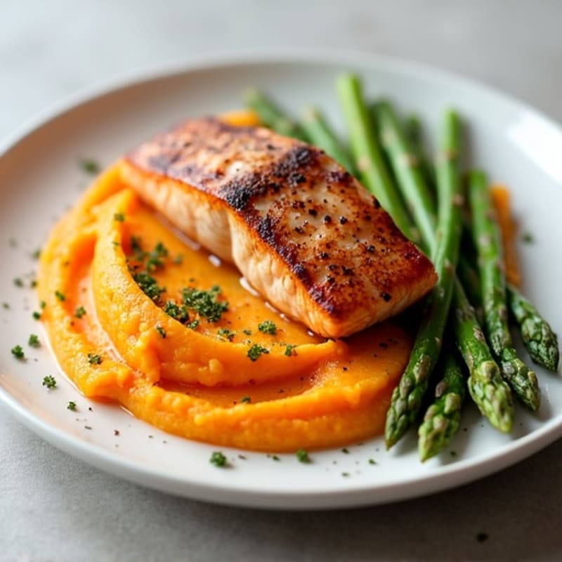 Seared Salmon Fillet with Roasted Asparagus and Sweet Potato Mash