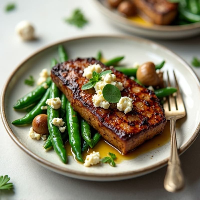 Seared Lean Beef Steak with Steamed Green Beans and Garlic Mushrooms