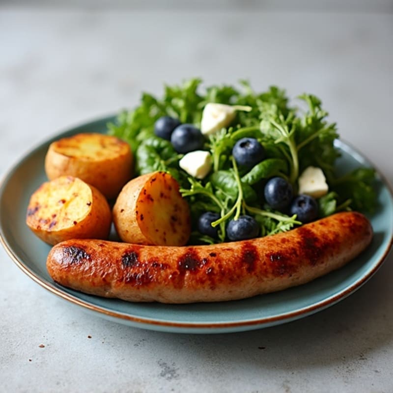 Grilled Turkey Sausage with Roasted Potatoes and Fresh Blueberry Green Salad