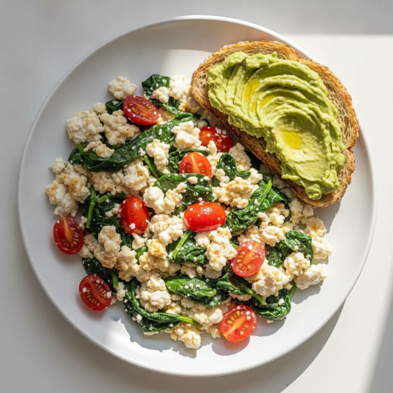Cottage Cheese Egg White Scramble with Sautéed Spinach and Cherry Tomatoes