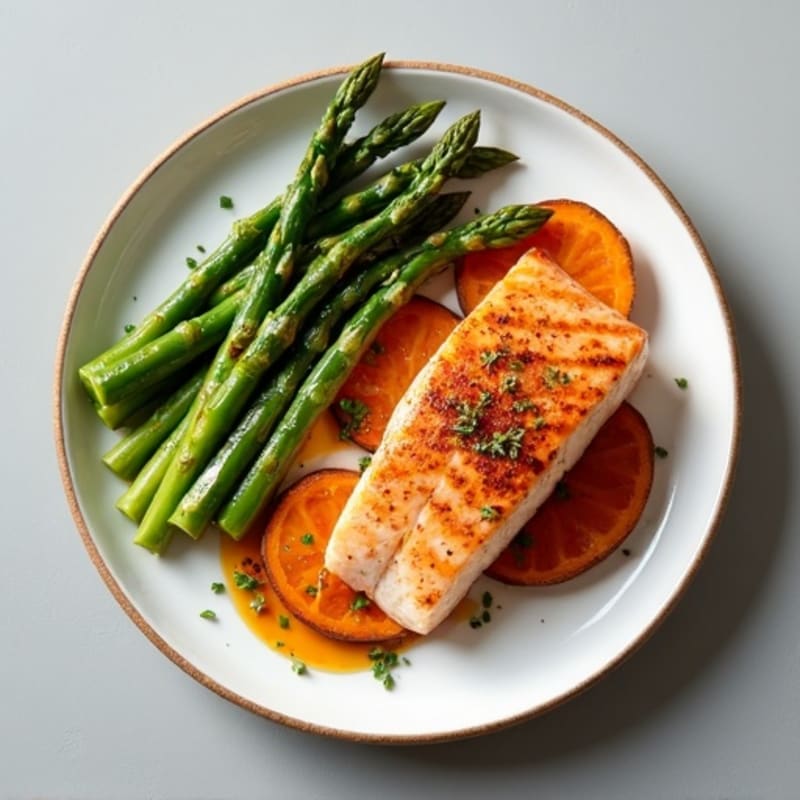 Seared Salmon with Roasted Sweet Potato and Asparagus