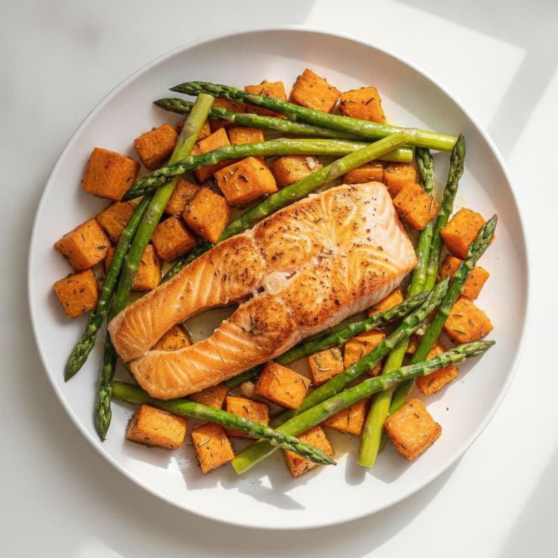 Seared Salmon Fillet with Herb-Roasted Sweet Potatoes and Asparagus