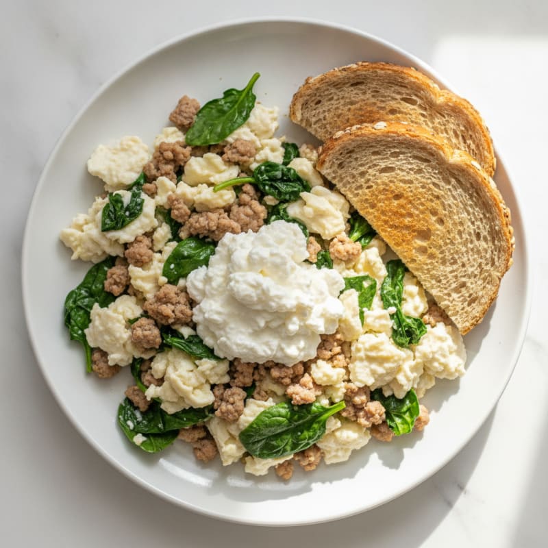 Egg White and Turkey Spinach Scramble with Cottage Cheese