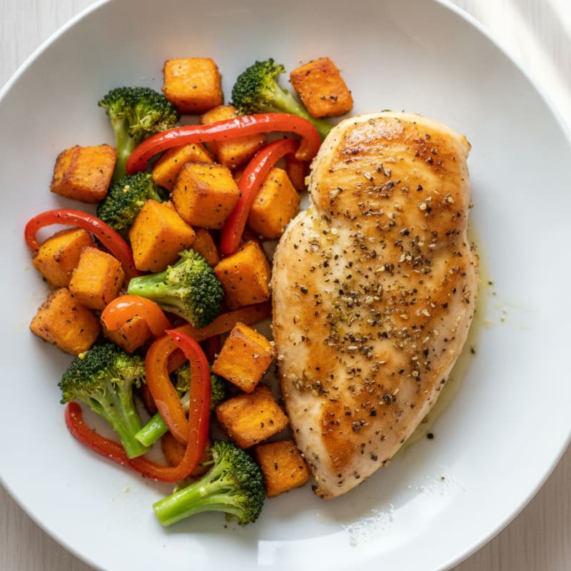 Pan-Seared Herb Chicken with Roasted Sweet Potato and Broccoli