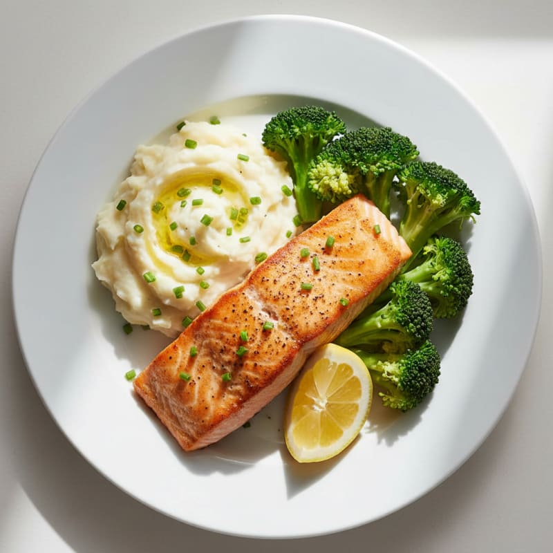 Seared Salmon with Steamed Broccoli and Garlic Mashed Potatoes