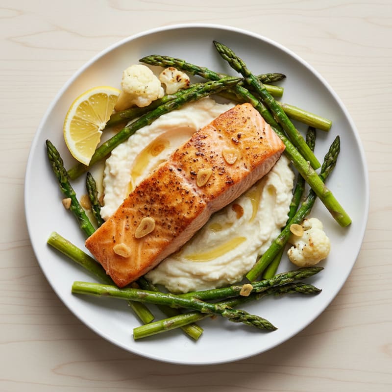 Seared Salmon Fillet with Steamed Asparagus and Cauliflower Mash
