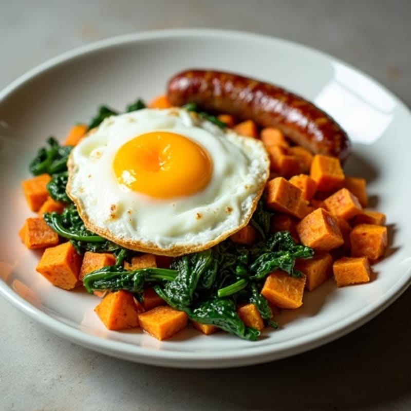 Chicken Sausage and Spinach Egg Scramble with Sweet Potato Hash